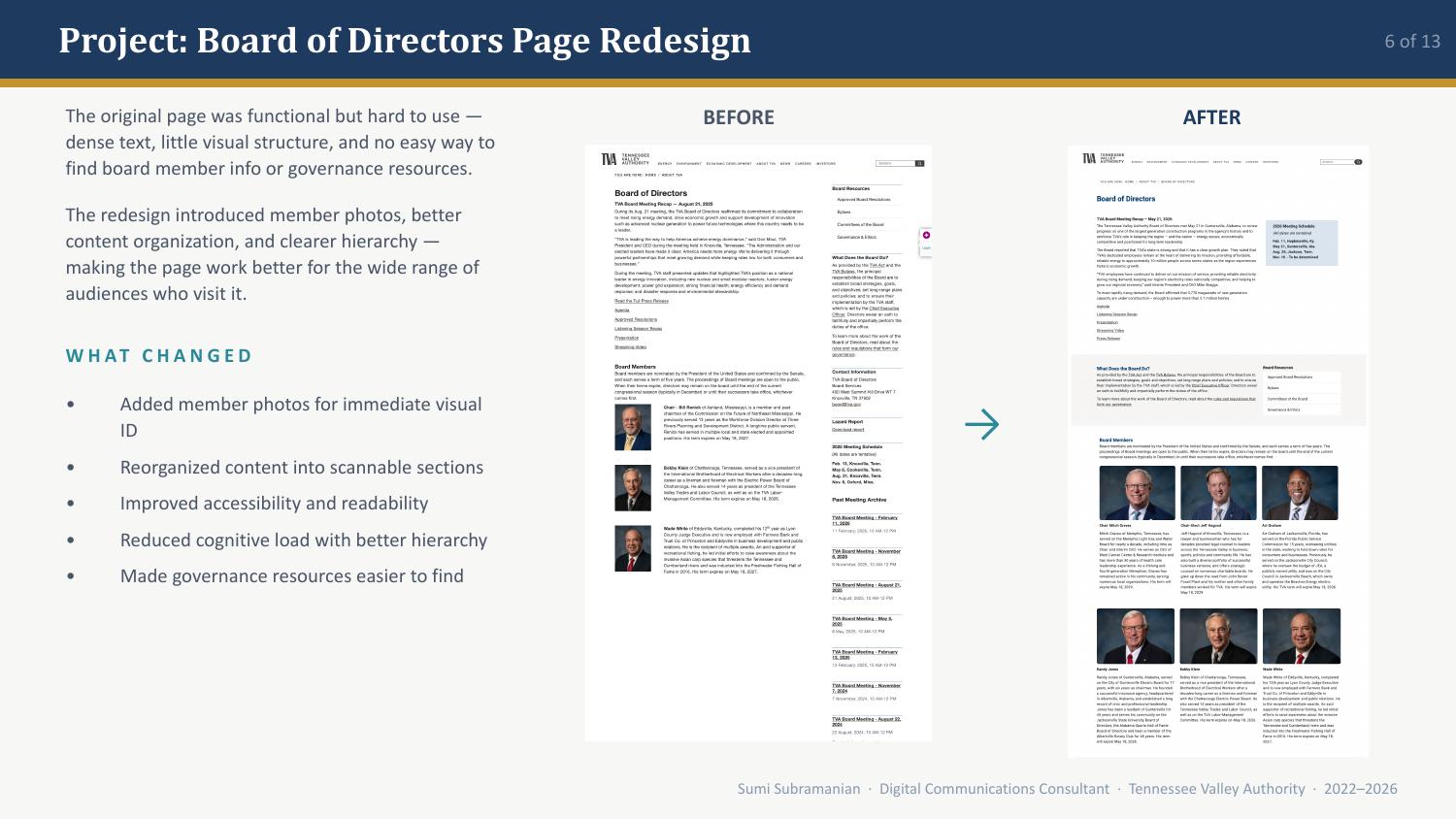 Before and after comparison of the TVA Board of Directors page redesign